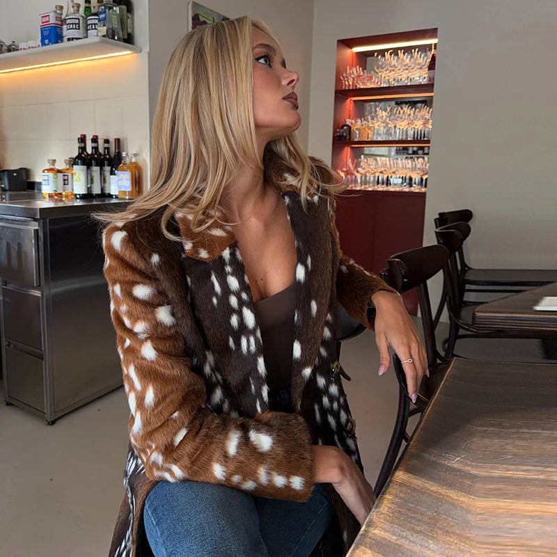 Deer Print Faux Fur Double-Breasted Long Coat