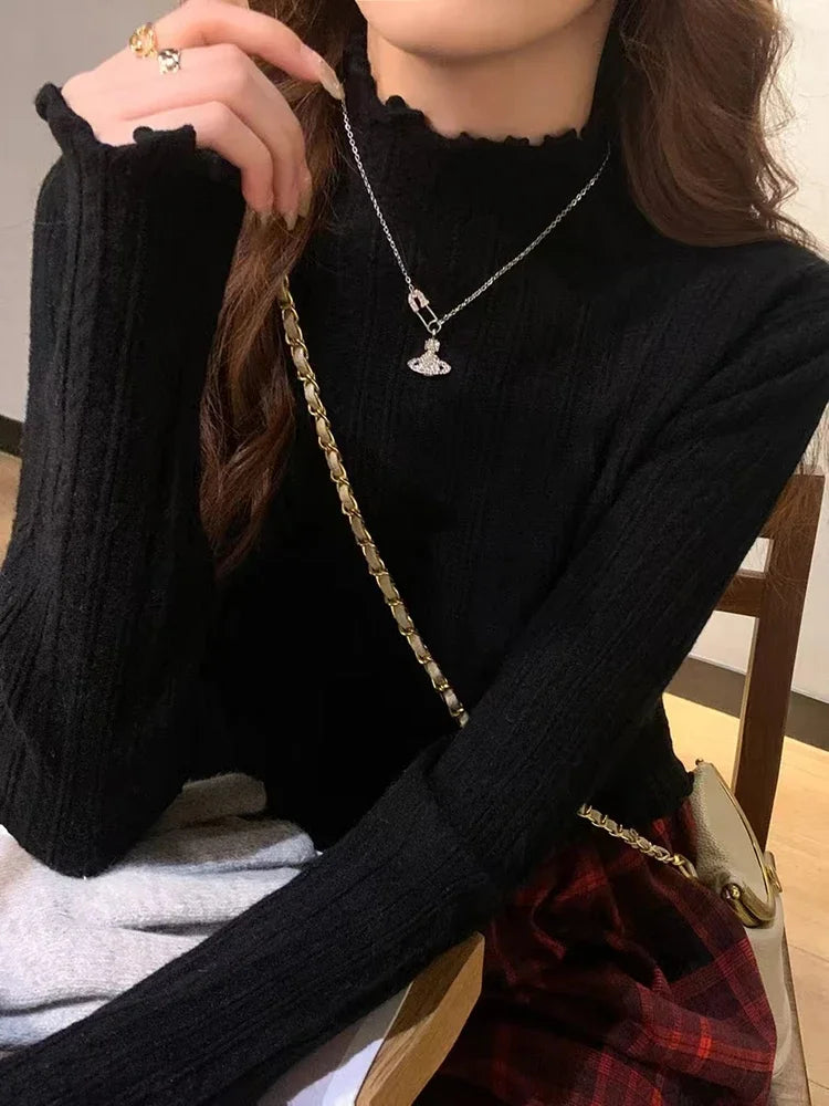 Ruffled Turtleneck Knit Sweater