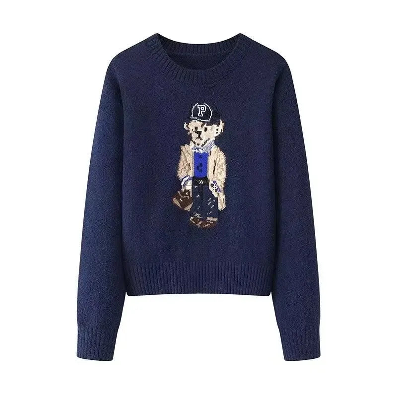 Crochet Bear Jacquard Knit Pullover Sweater
