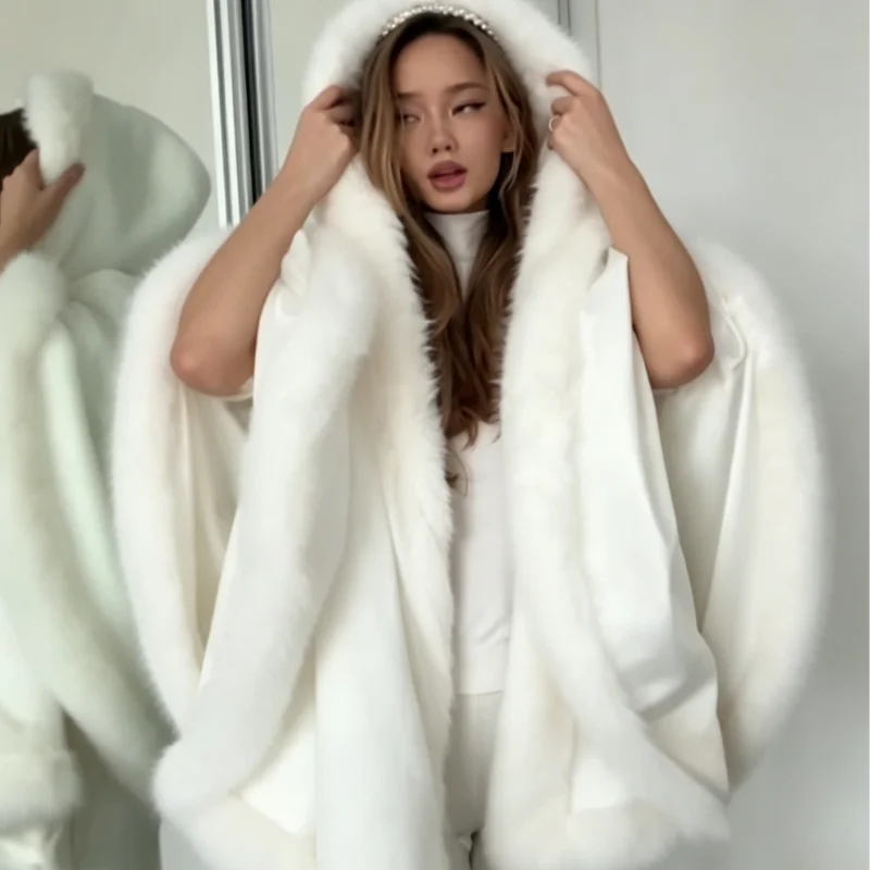 Fur-Trim Hooded Cape Coat