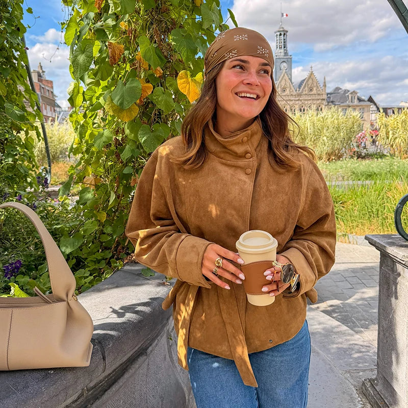 Faux Suede Belted V-Neck Short Jacket
