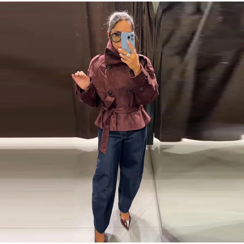 Faux Suede Belted V-Neck Short Jacket