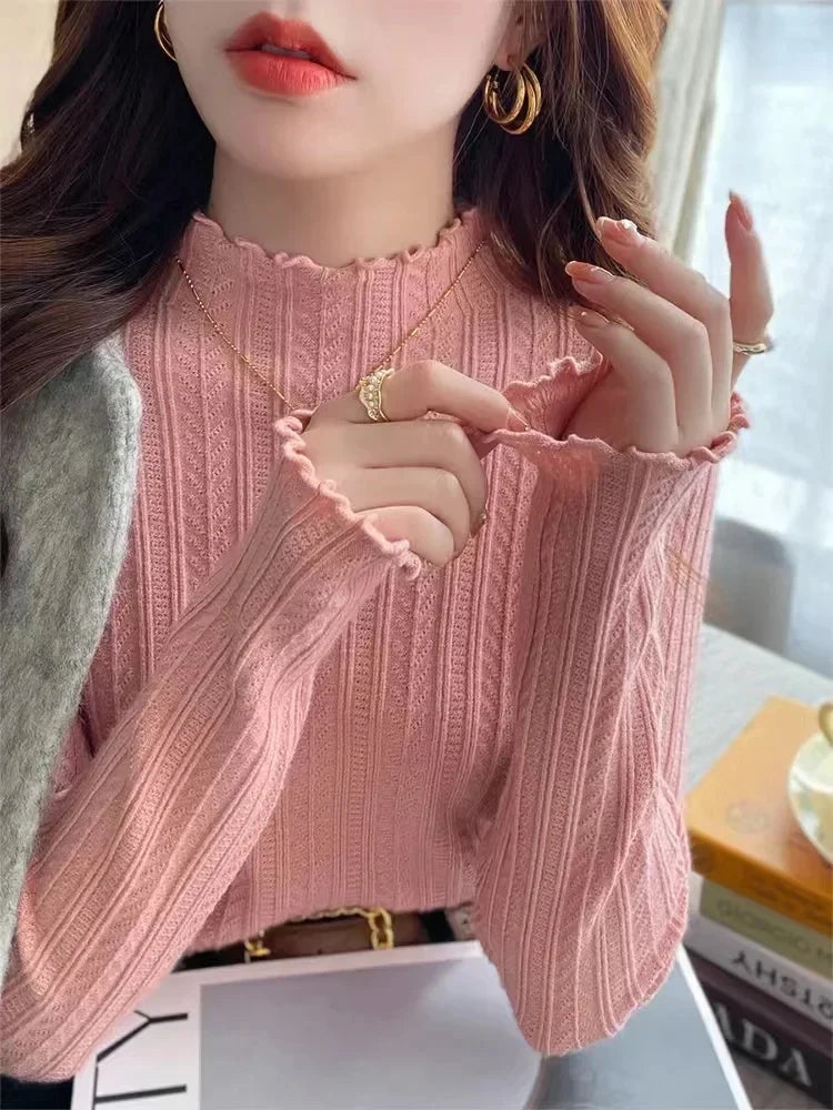 Ruffled Turtleneck Knit Sweater