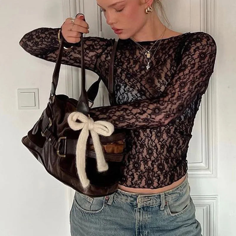 Long-Sleeve Lace Crop Top