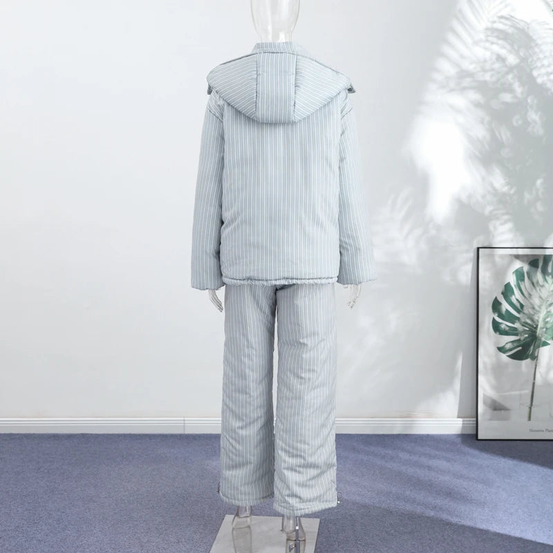 Striped Padded Coat & Straight-Leg Pants Set