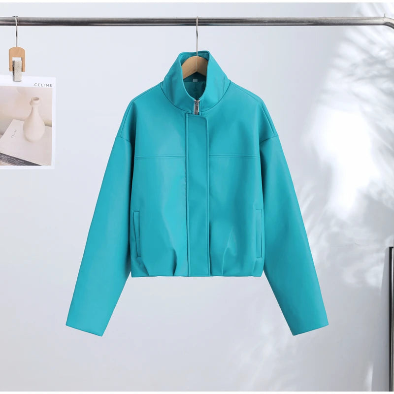 PU Leather Stand-Collar Zip Jacket