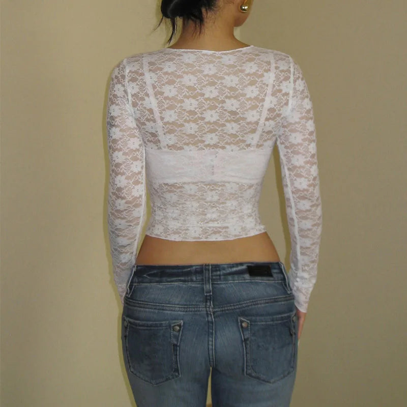 Sheer Lace Long-Sleeve Crop Top