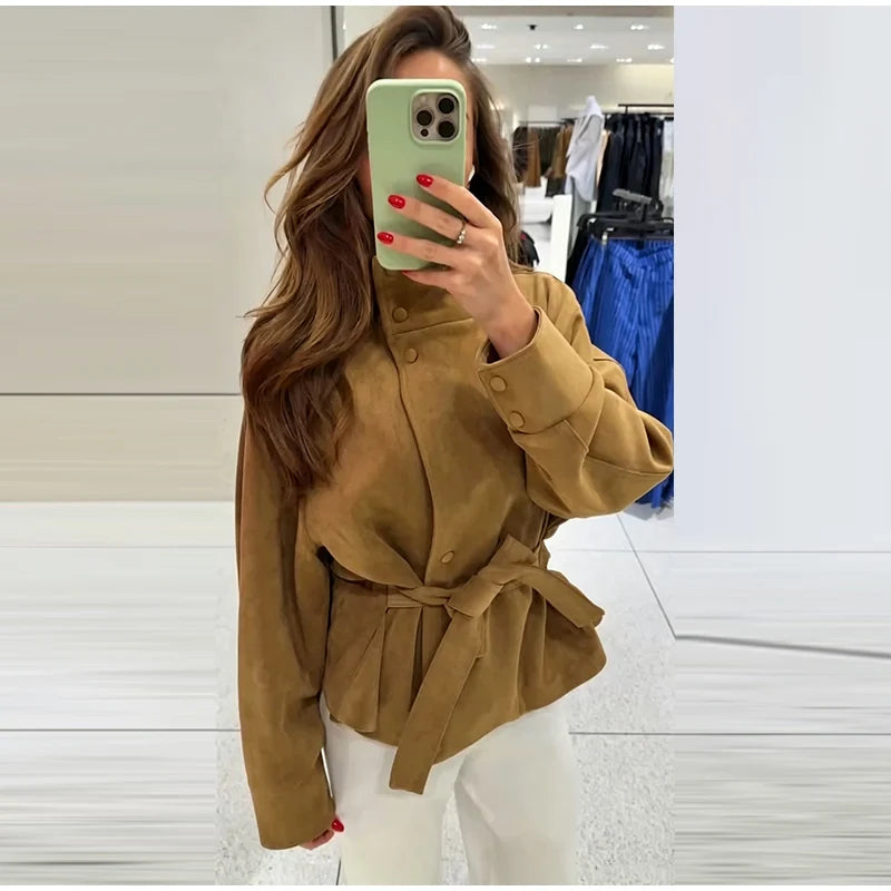 Faux Suede Belted V-Neck Short Jacket