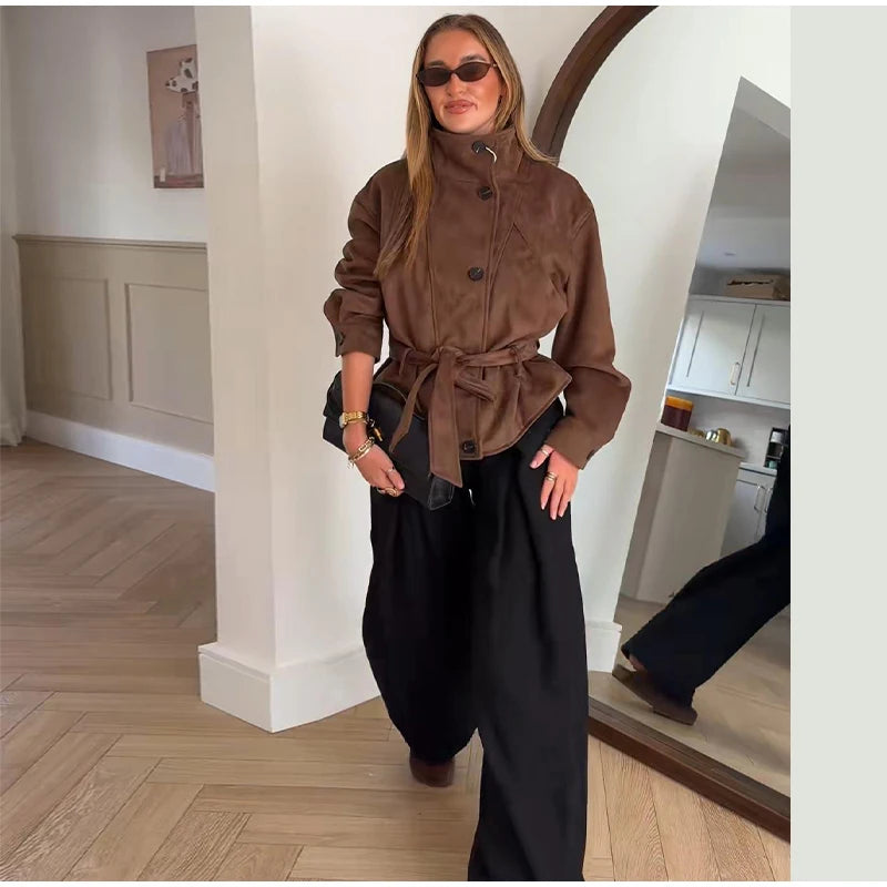 Faux Suede Belted V-Neck Short Jacket