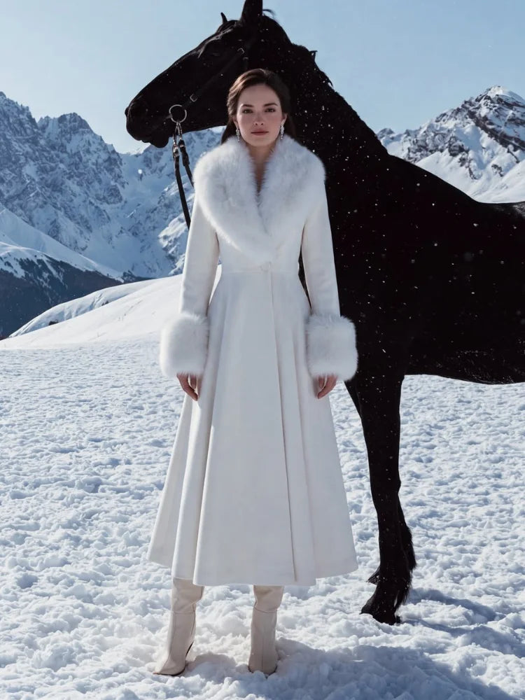 Fur-Collar Wool-Blend Long Coat