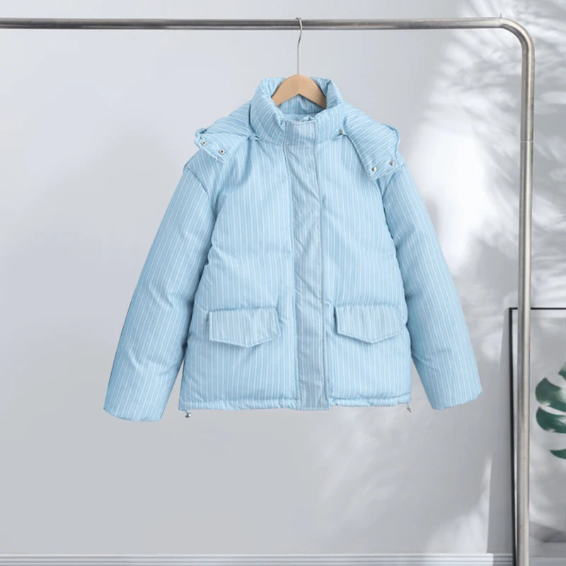 Striped Padded Coat & Straight-Leg Pants Set