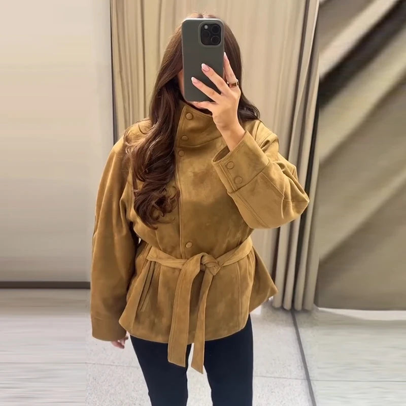 Faux Suede Belted V-Neck Short Jacket
