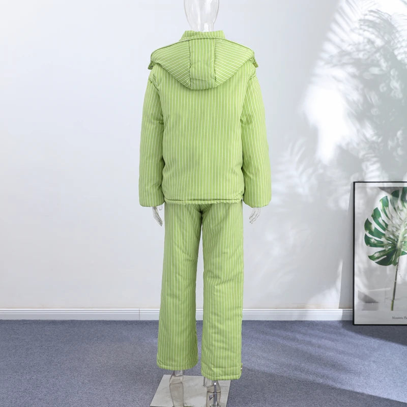Striped Padded Coat & Straight-Leg Pants Set