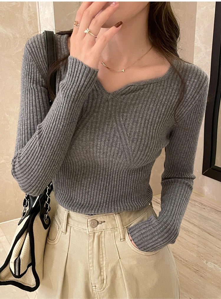 Slim V-Neck Ribbed Knit Sweater
