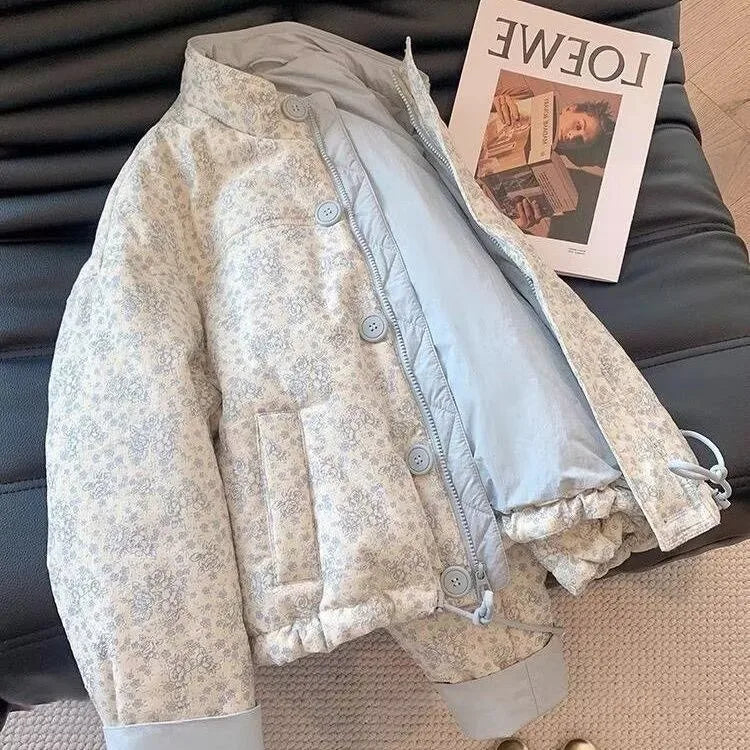 Printed Stand-Collar Zip Cotton Jacket
