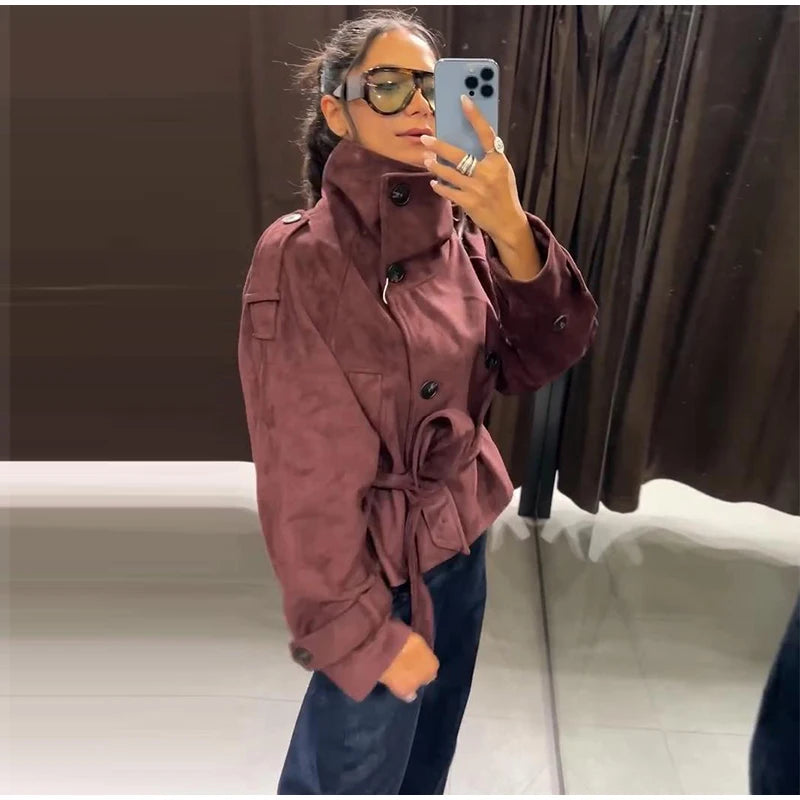 Faux Suede Belted V-Neck Short Jacket