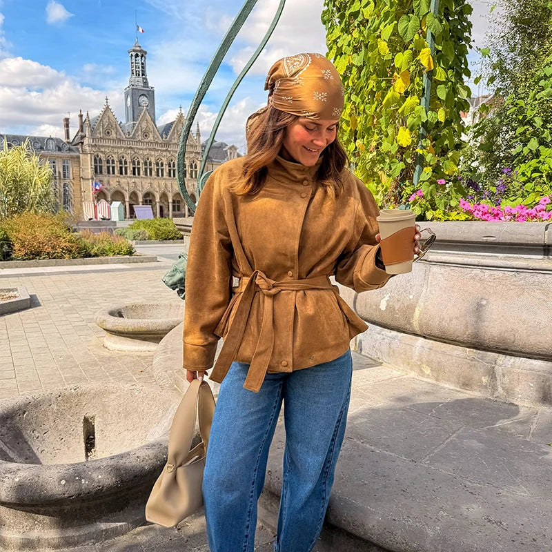 Faux Suede Belted V-Neck Short Jacket