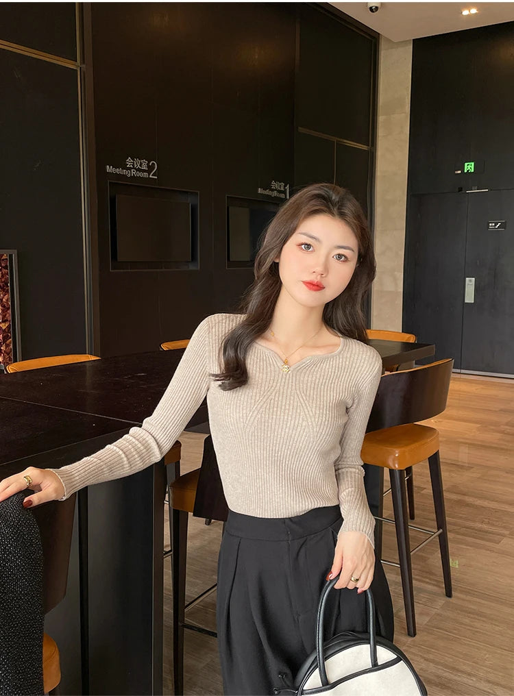 Slim V-Neck Ribbed Knit Sweater