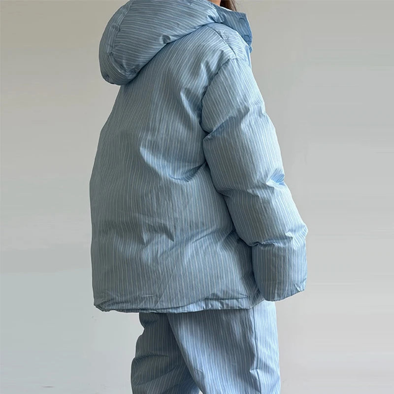 Striped Padded Coat & Straight-Leg Pants Set