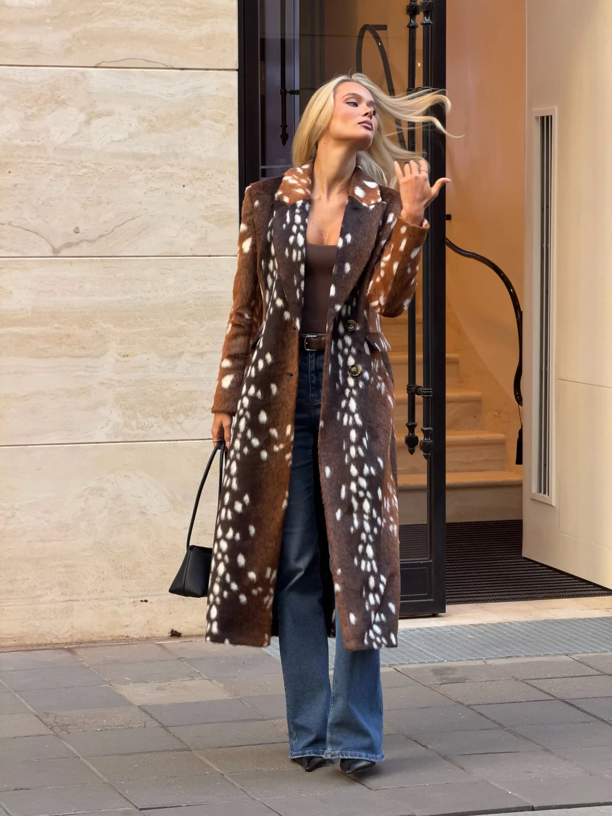 Deer Print Faux Fur Double-Breasted Long Coat