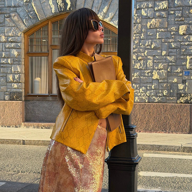 PU Leather Stand-Collar Zip Jacket