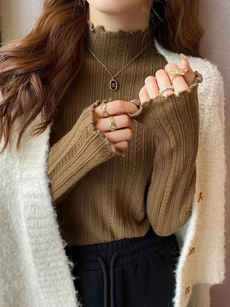 Ruffled Turtleneck Knit Sweater