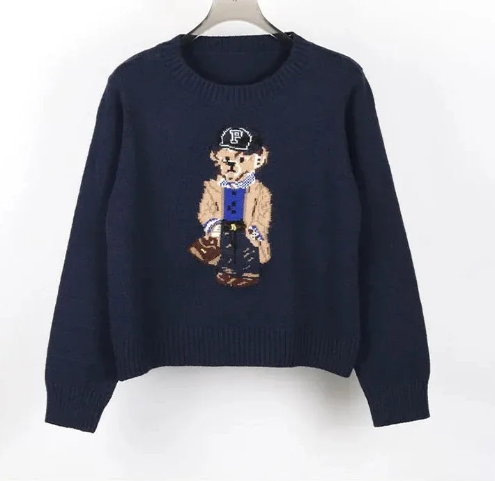 Crochet Bear Jacquard Knit Pullover Sweater