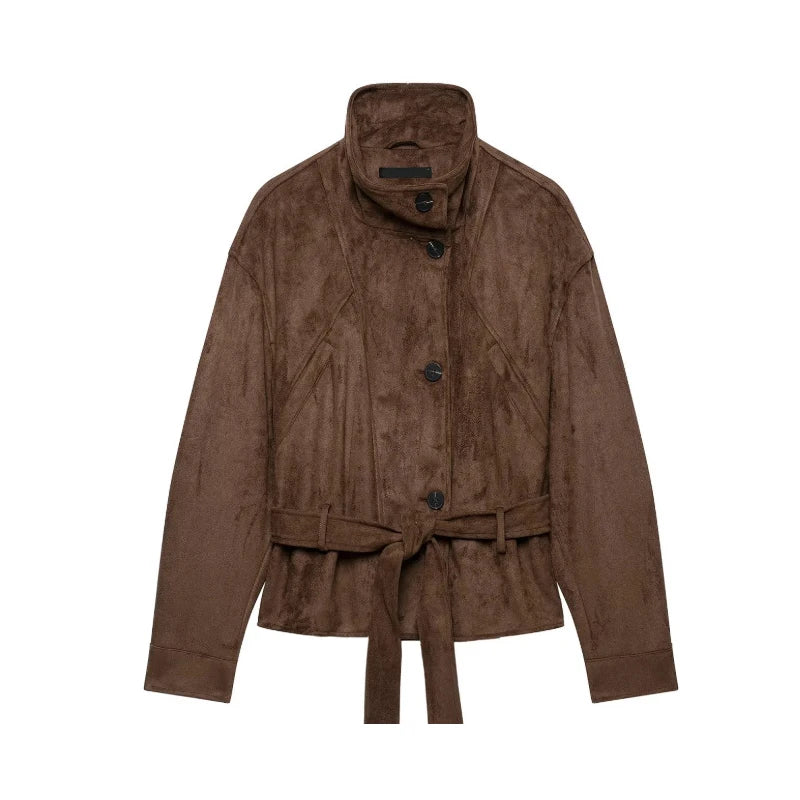 Faux Suede Belted V-Neck Short Jacket