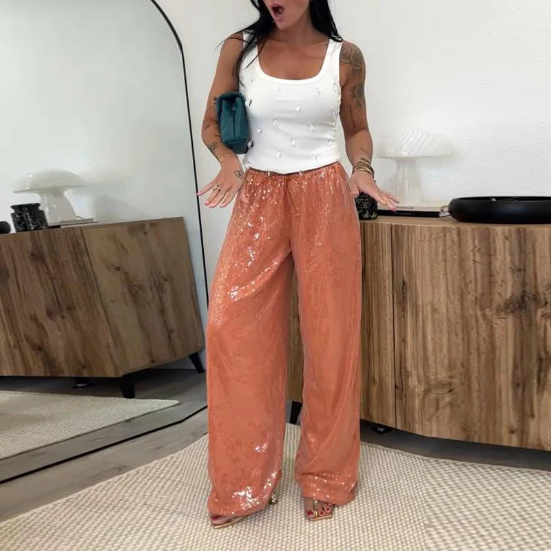 Sequin High-Waist Wide-Leg Pants