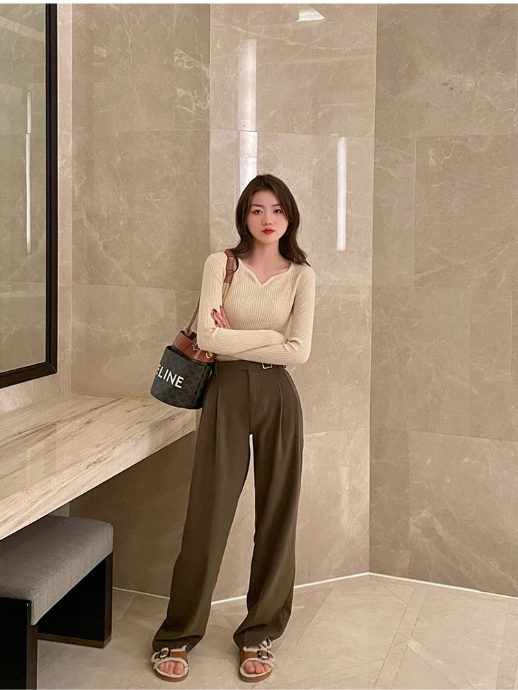Slim V-Neck Ribbed Knit Sweater