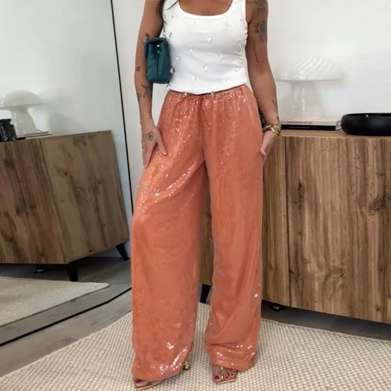 Sequin High-Waist Wide-Leg Pants