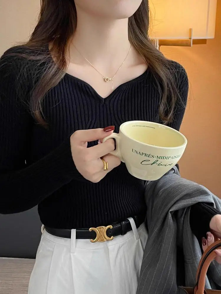 Slim V-Neck Ribbed Knit Sweater