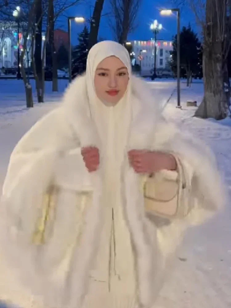 Fur-Trim Hooded Cape Coat