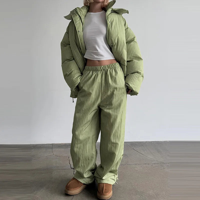 Striped Padded Coat & Straight-Leg Pants Set