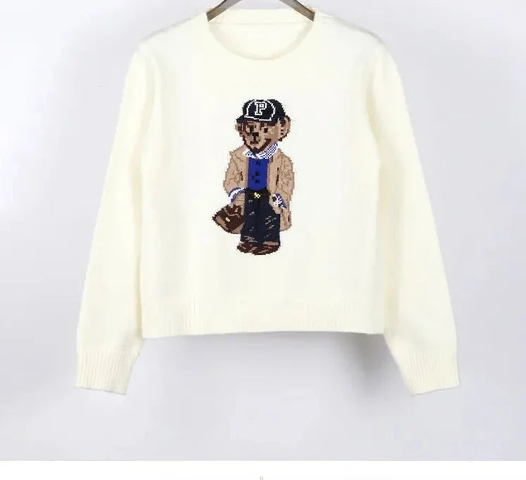 Crochet Bear Jacquard Knit Pullover Sweater