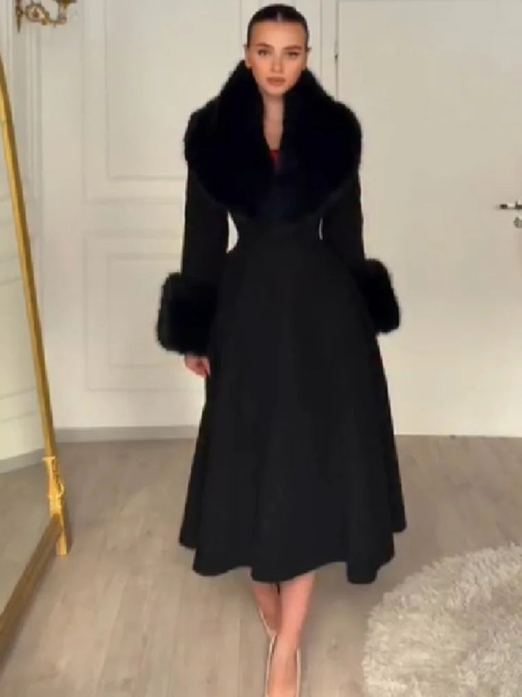 Fur-Collar Wool-Blend Long Coat