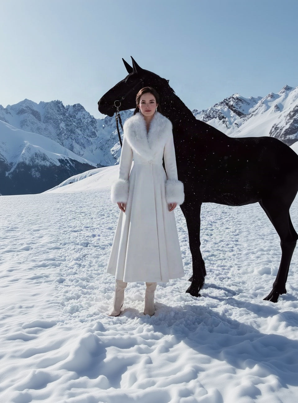 A woman stands in a snowy mountain landscape wearing a long white coat with a large white fur collar and matching white fur cuffs, paired with white boots. A black horse is positioned behind her against a backdrop of snow-covered peaks.