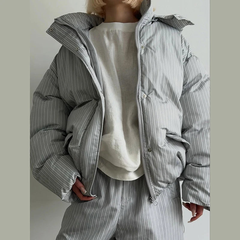 Striped Padded Coat & Straight-Leg Pants Set