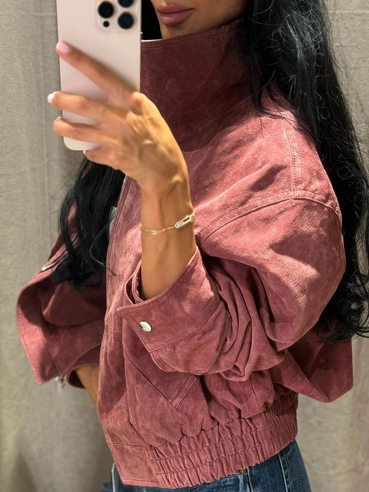 Faux Suede Belted V-Neck Short Jacket