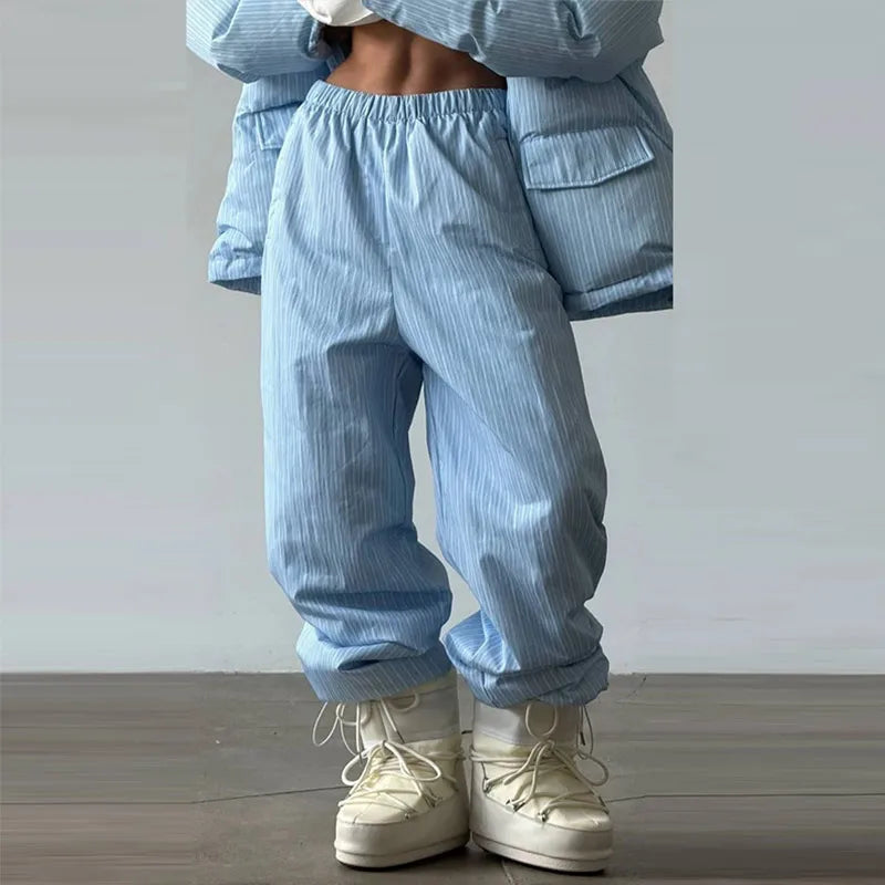 Striped Padded Coat & Straight-Leg Pants Set