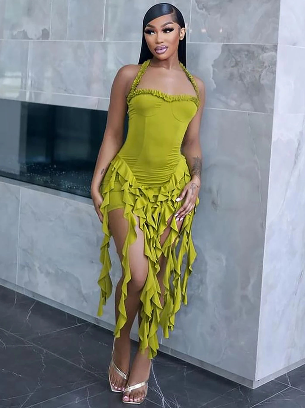 Sleeveless Halter Ruffle Mini Dress
