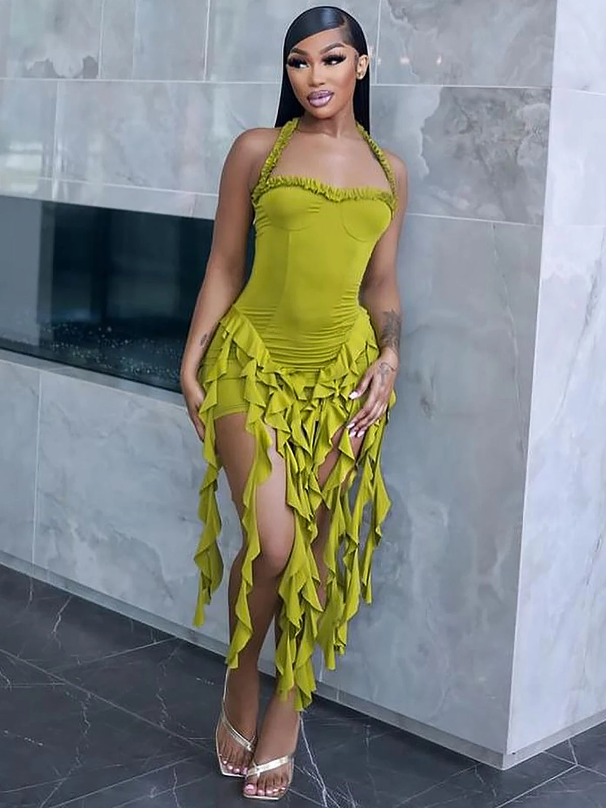 Sleeveless Halter Ruffle Mini Dress