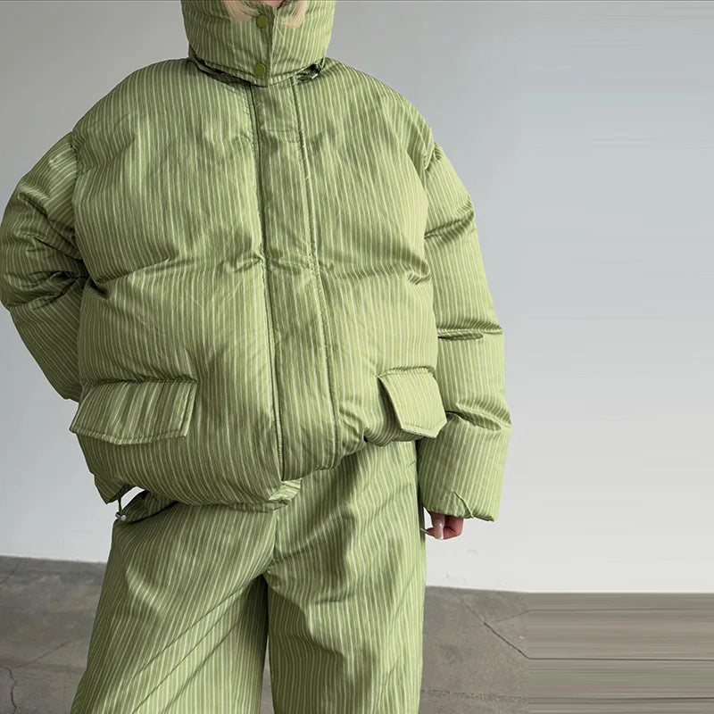 Striped Padded Coat & Straight-Leg Pants Set