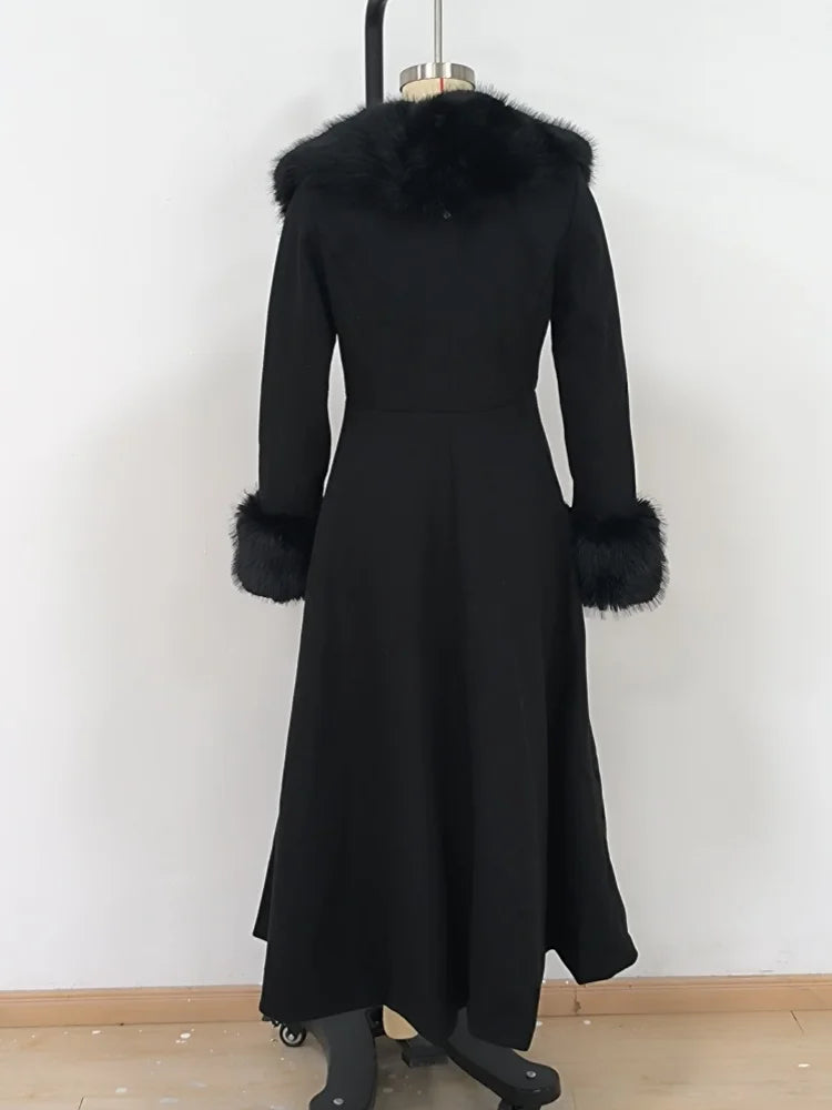 Fur-Collar Wool-Blend Long Coat