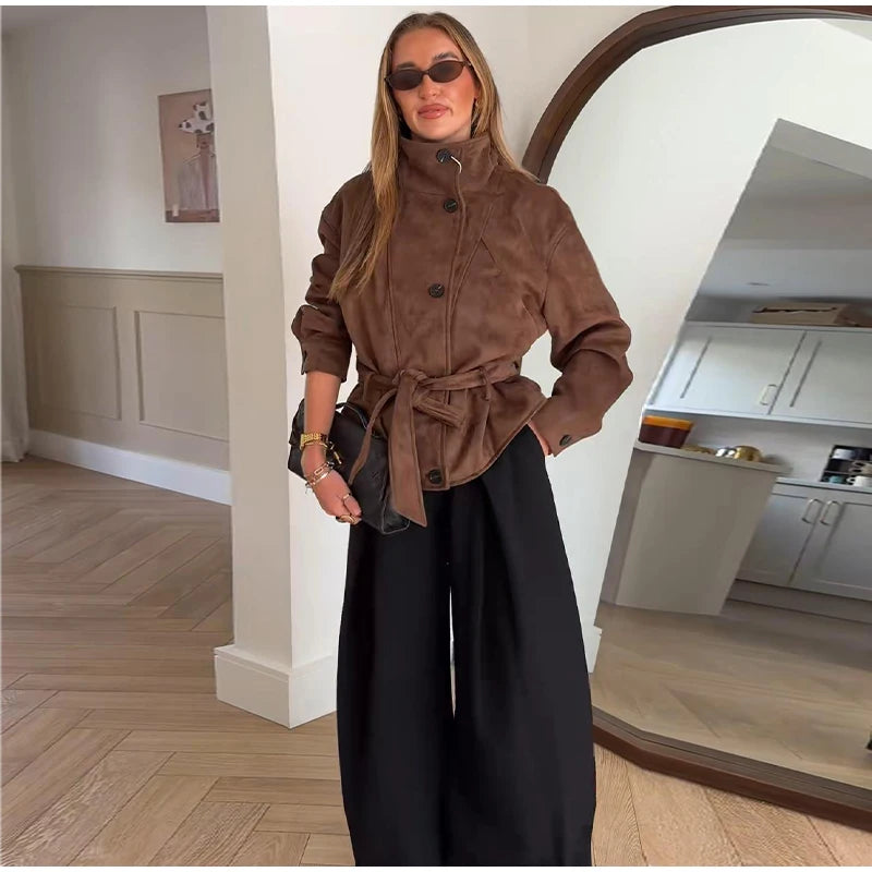Faux Suede Belted V-Neck Short Jacket