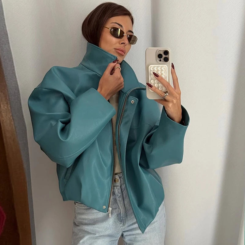 PU Leather Stand-Collar Zip Jacket