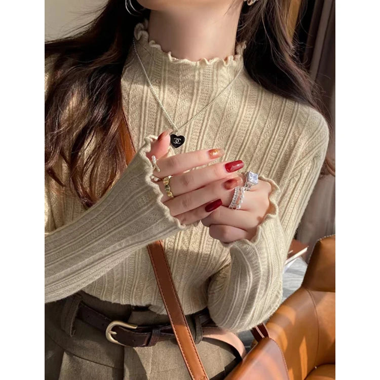 Ruffled Turtleneck Knit Sweater