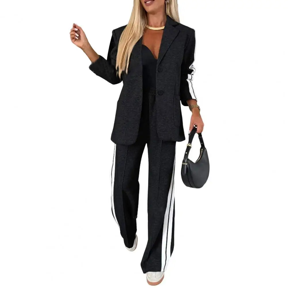 Striped V-Neck Coat & Wide-Leg Pants Set