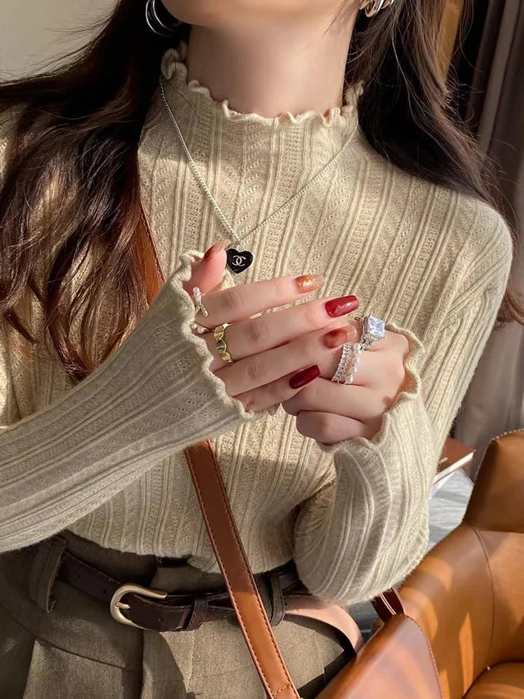 Ruffled Turtleneck Knit Sweater