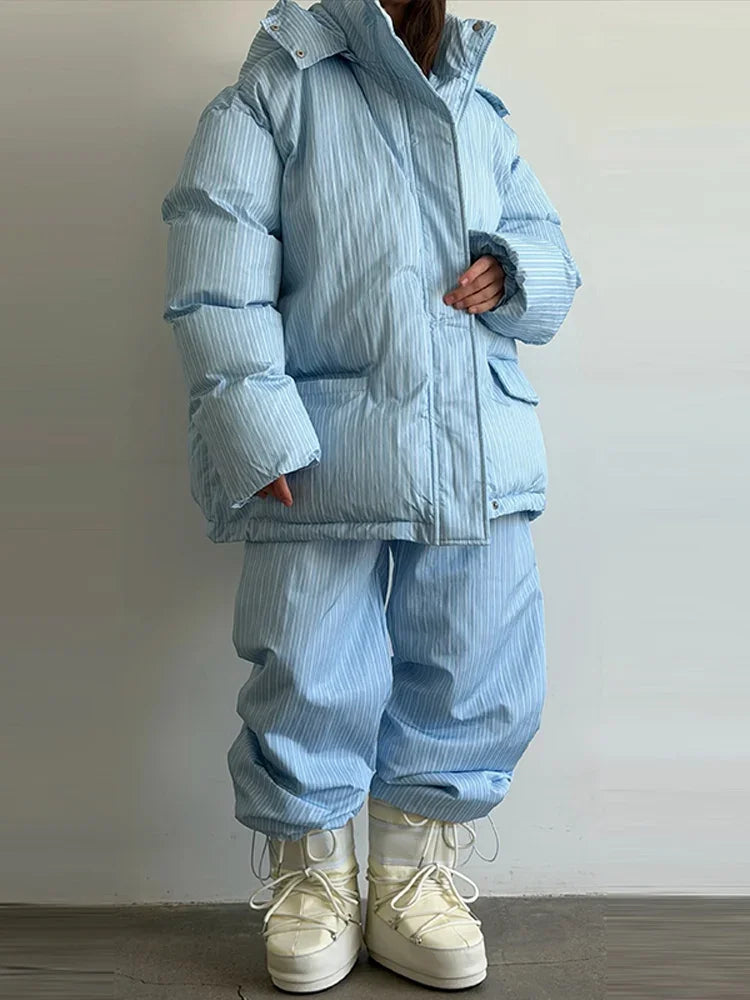 Striped Padded Coat & Straight-Leg Pants Set